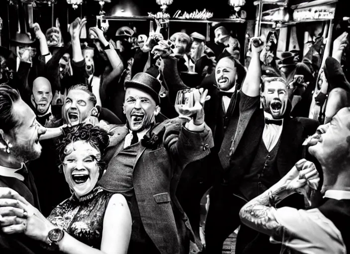 Prompt: an celebration in a bar from the movie mouline rouge, in the style of peaky blinders, close up tom hardy, happy, joyful, laughter, celebration, detailed and symmetric faces, black and white, cinematic, epic,