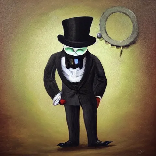 Image similar to “an anthropomorphic crocodile wearing a top hat and monocle, dapper, highly detailed, oil on canvas”