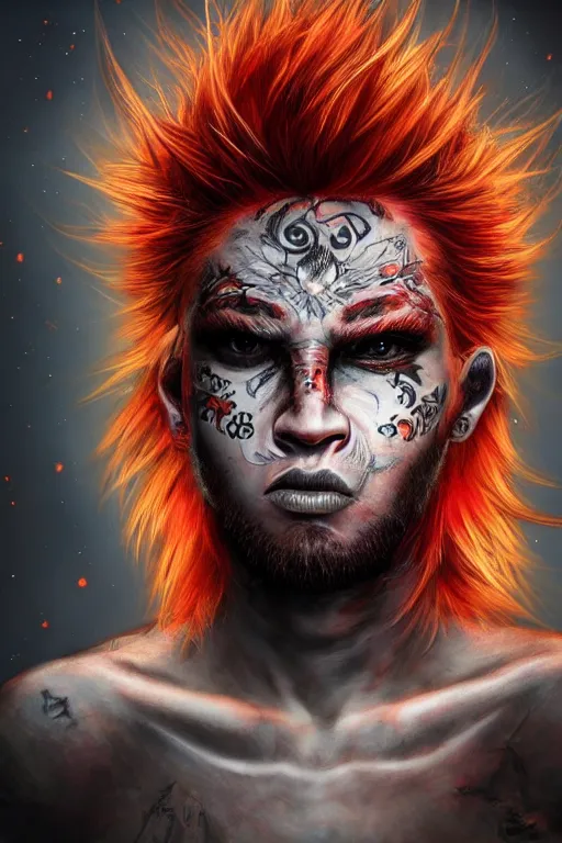 Image similar to male fantasy character, fiery red hair loops around face and head, black tattoos around both eyes, tribal crazy look, hyper realism, highly detailed, fantasy, biological, wide fov, lunar background