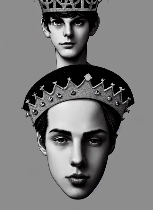 Image similar to portrait of teenage jughead jones wearing a light grey crown, photorealistic, crown made of felt fabric, crown, crown made of felt, black hair, intricate, elegant, highly detailed, digital painting, glowing lights, artstation, concept art, smooth, sharp focus, illustration, art by wlop, mars ravelo and greg rutkowski