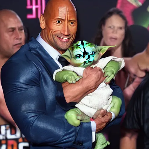 Image similar to Dwayne Johnson carries baby Yoda in his hands