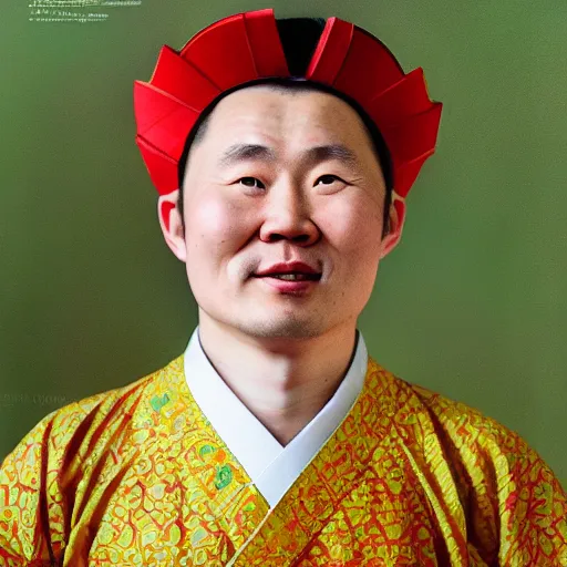 Image similar to realistic contamporary art photography by araki nobuyoshi of wearing ( traditional - ukrainian shirt ) designed by taras shevchenko. smiling kim chen in