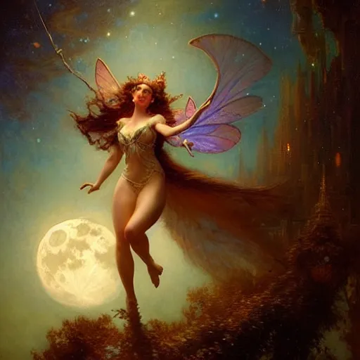 Image similar to attractive fairy queen fly high in the night, fantasy, full moon in background. hyper detailed painting by gaston bussiere, craig mullins, j. c. leyendecker, mid shot, 8 k, cryengone, cinematic lighting, beautiful,