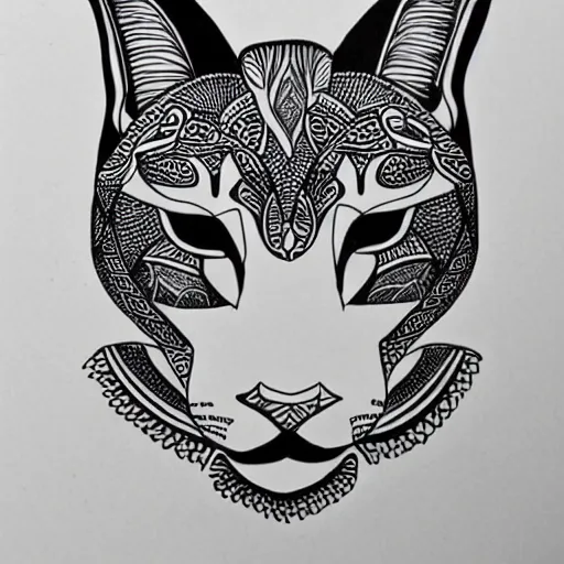 Image similar to cute caracal outline tattoo design, black ink on white paper