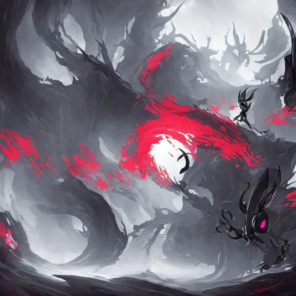 Prompt: concept art for hollow knight. Ominous. High detail. No text. Red. Bright Colors. nightmare king grimm. Sharp. 4K 8K. Detailed shapes.