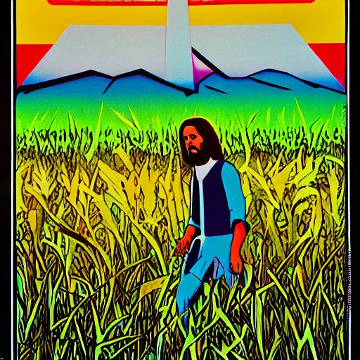 Prompt: 70s psychedelic poster, jesus walking through tall grass, sunshine, happy