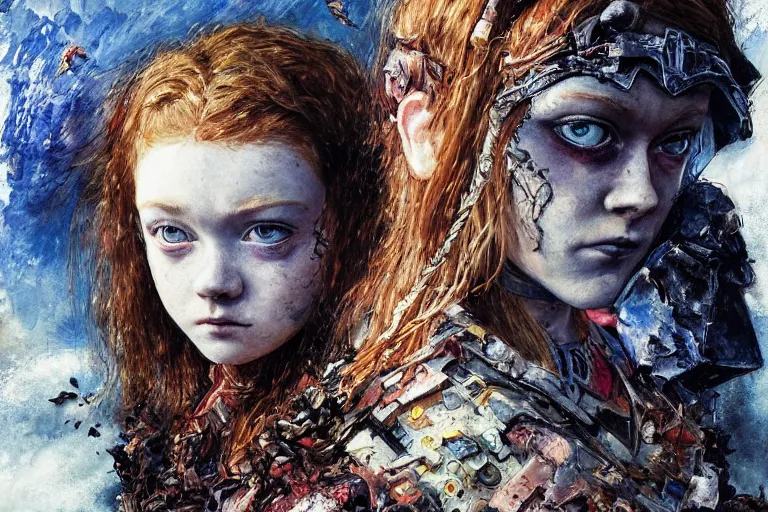 Prompt: sadie sink runs fast. cyborg behind. dirt, fantasy, soviet dystopian art by ayami kojima, vasnetsov, cedric peyravernay