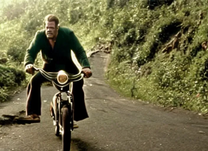 Prompt: film still of thanos riding a small childrens bike down a steep mountain road in the goonies 1 9 8 5