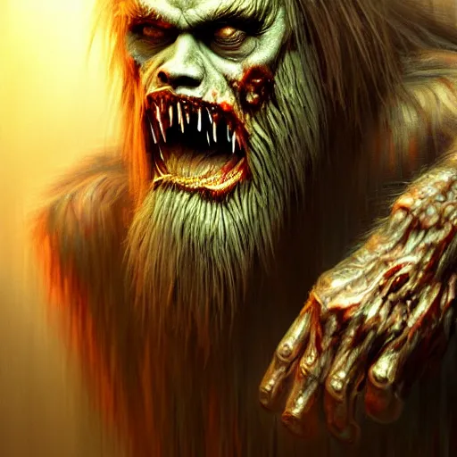 Prompt: by Derek Riggs, angry, glossy, hyperrealistic digital portrait of A zombie bigfoot, D&D, fantasy, intricate, cinematic lighting, highly detailed, digital painting, artstation, concept art, smooth, sharp focus, 8k, illustration, art by Artgerm and Greg Rutkowski