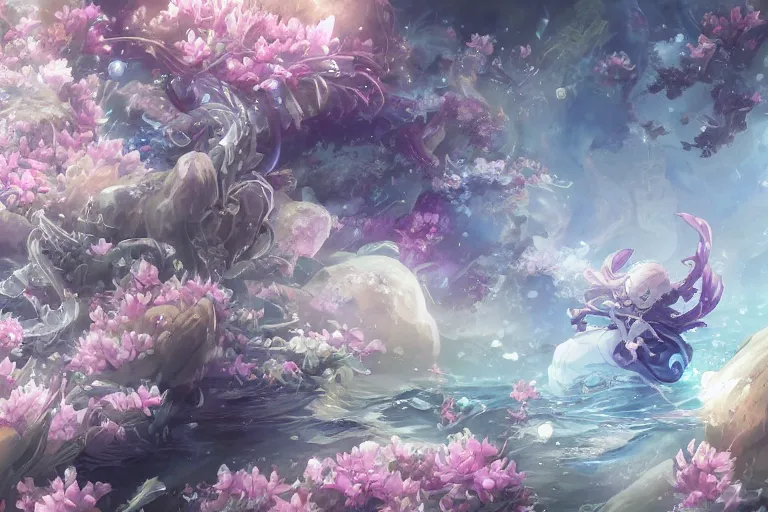 Prompt: dynamic composition, motion, ultra - detailed, incredibly detailed, a lot of details, amazing fine details and brush strokes, colorful and grayish palette, smooth, hd semirealistic anime cg concept art digital painting, watercolor oil painting of sea of flowers, in style of cytus and deemo, blue flame, relaxing, calm and mysterious vibes