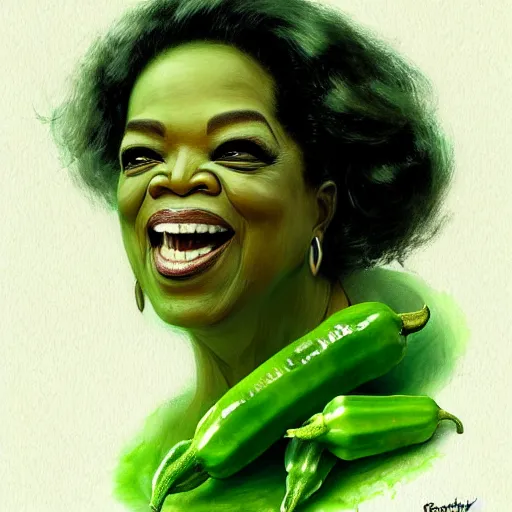 Image similar to a dish of oprah winfreys face fused with okra veg with green stalky ( ( green oprah winfrey's face ) ), oprah okra winfrey sentient veg, by greg rutkowski