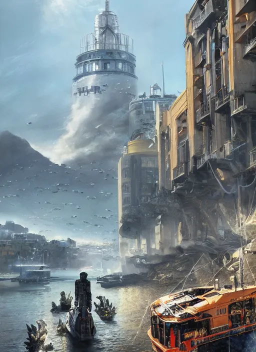 Image similar to hyper realistic robot attacking cape town city harbor beautiful details, strong composition, poster painted by weta studio rutkowski, james gurney and greg rutkowski, and lucasfilm