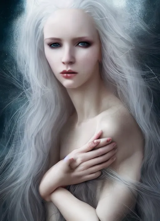 Prompt: a beautiful albino woman, 8 k, hyperrealistic, hyperdetailed, beautiful face, long white hair windy, dark fantasy, fantasy portrait by laura sava