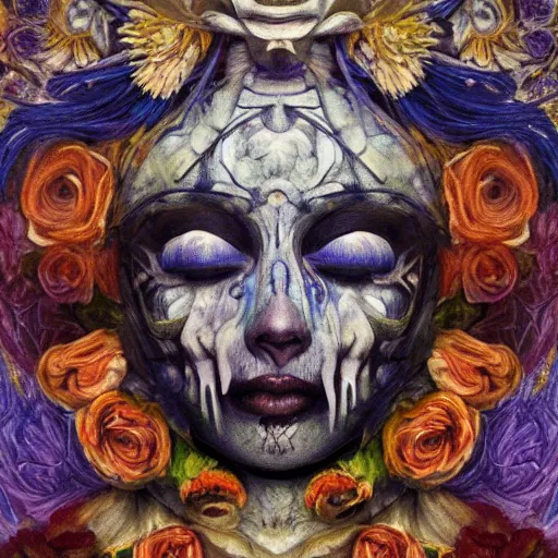 Prompt: masterpiece painting of a facemask made of flowers, by annie swynnerton and jean delville and tino rodriguez and diego rivera, flower mask, flower shaman, spooky dark psychedelic, symbolist, dramatic lighting, god rays, elaborate geometric ornament, clean crisp graphics, soft cool colors, smooth sharp focus, extremely detailed