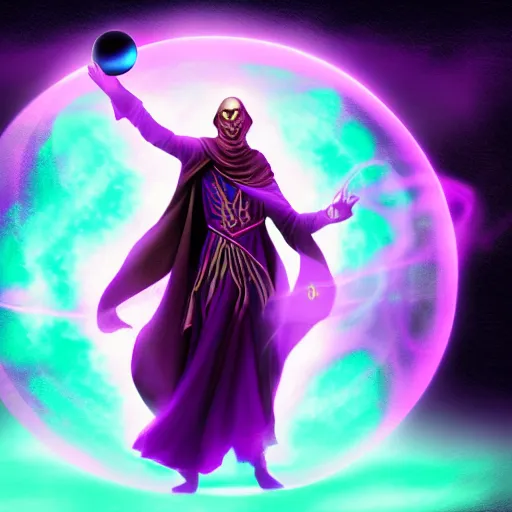 Image similar to a warlock is casting a magic spell, while magic orb is floating in his hand, the magic orb emit a purple vapour, dynamic pose, chromatic aberration , medium level shot, Mucha style , Grim fantasy, illustration ,digital painting, concept art,