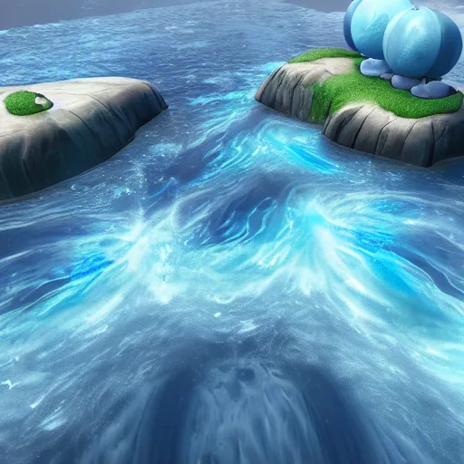 Image similar to a fantasy fan composed of water with ripples and a blue sky background, unreal engine