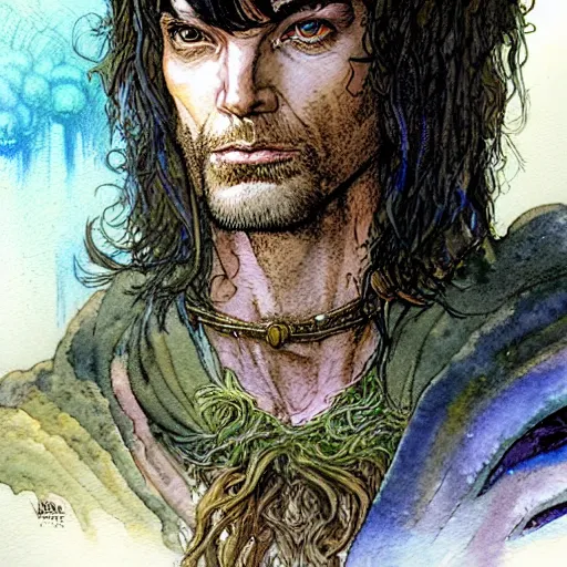 Image similar to a realistic and atmospheric watercolour fantasy character concept art portrait of ian mc kellen as a druidic warrior wizard looking at the camera with an intelligent gaze by rebecca guay, michael kaluta, charles vess and jean moebius giraud