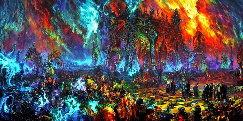 Prompt: [ style ] [ oil painting ] [ palate ] [ vibrant gothic colors ] lost 👾 👽 souls congregating and playing chess at the giant iron gate to purgatory, vibrant paisley neon nebulous clouds, radiant light rays, photorealistic painting, intricate and fine details, volumetric lighting, artstation, god figure at the gate