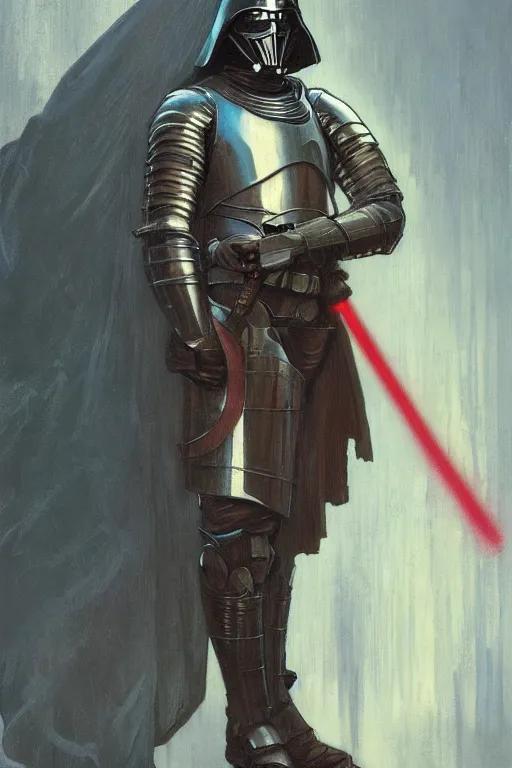 Image similar to a full body fantasy portrait oil painting illustration of a medieval knight by Justin Sweet and Greg Rutkowski and Alphonse Mucha with face and body clearly visible, Star Wars, sith, forgotten realms, artstation trending, high quality, sombre mood, artstation trending, muted colours, no crop, entire character!,