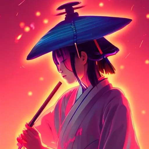 Image similar to Beautiful female samurai, with straw hat, rainy night, neon glow concept art, sharp focus, intricate, digital painting, artstation, official media, anime key visual, highly detailed, rich vivid colors ambient lighting, illustration, art by Artgerm, Makoto Shinkai, Ilya Kuvshinov, Lois Van Baarle and Rossdraws