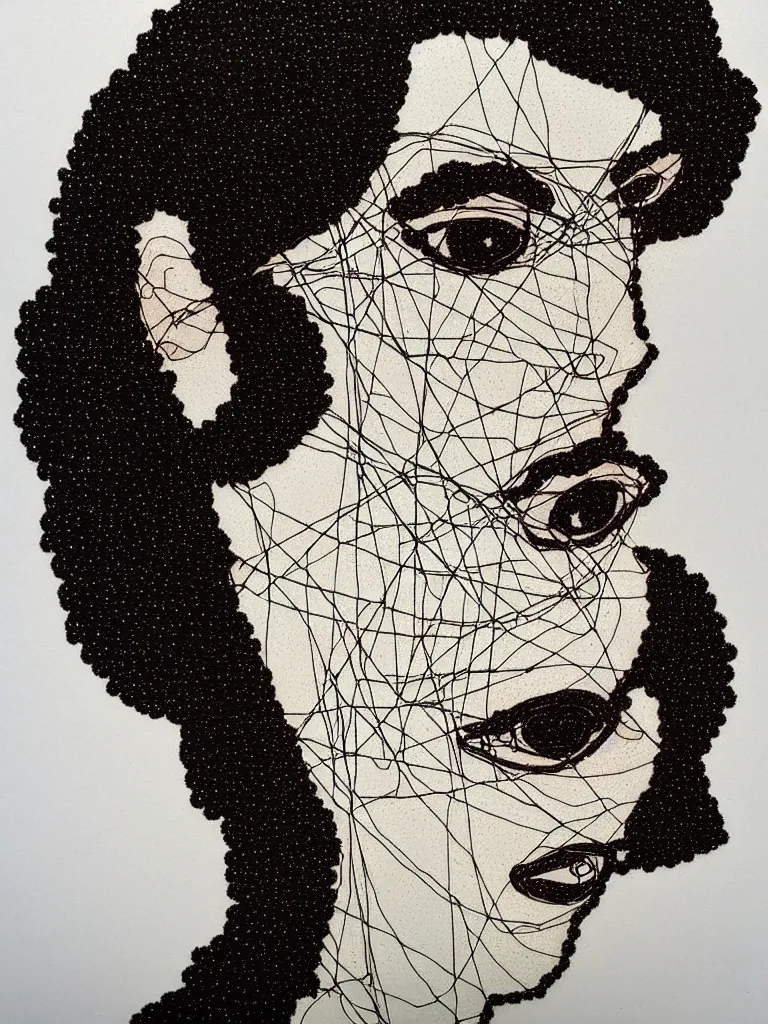 Prompt: elegant wire art portrait of an artist, influenced by egon schiele. minimalist artwork full of human emotional expression and personality, powerful gaze, dramatic.