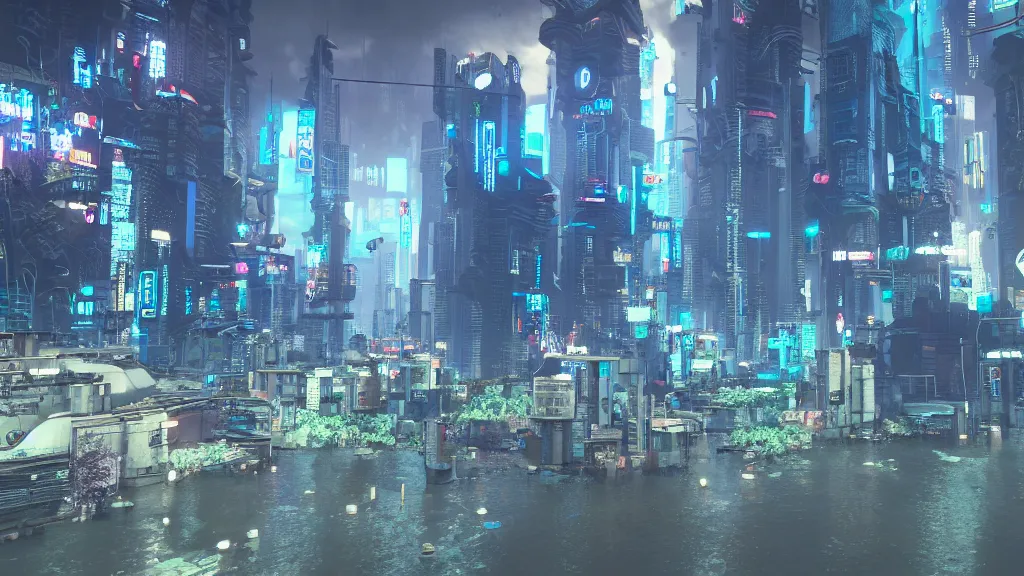 Image similar to cyberpunk city built underwater, made in blender, octane render, cinematic, volumetric lighting, flooded, futuristic,, hyperrealistic, highly detailed, 4 k hd