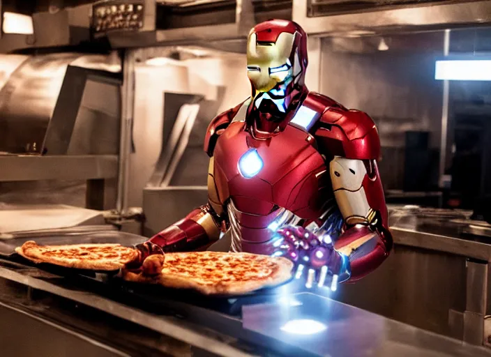 Prompt: film still from new avengers movie ironman working in a pizza parlor making pizza, 4 k