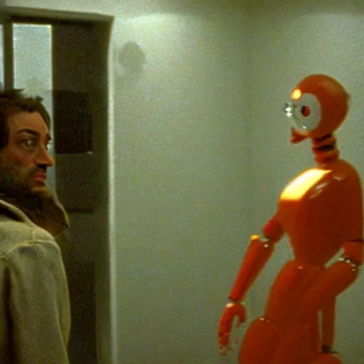 Image similar to a man and a robot in a moment of jealousy, movie still, film still, Movie by Andrzej Zulawski