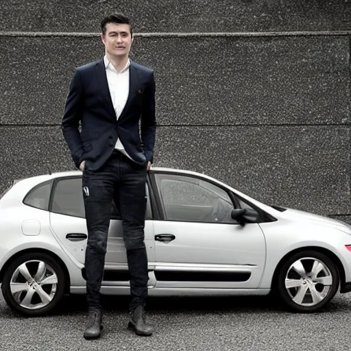 Prompt: proude Robert Lewandowski is sitting in old Renault Clio