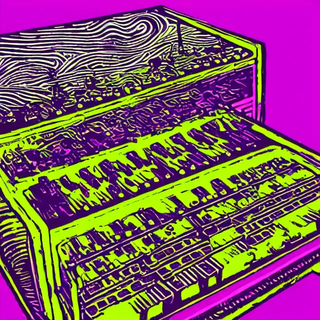 Image similar to psychodelic linocut of a moog synthesizer