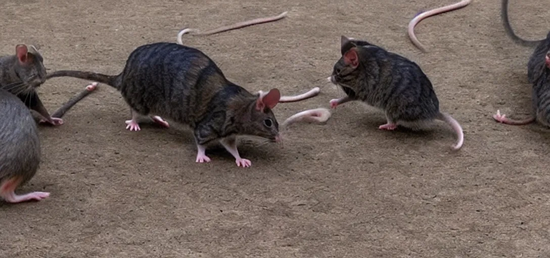 Image similar to rats vs cats as gladiators fighting in gladiator arena