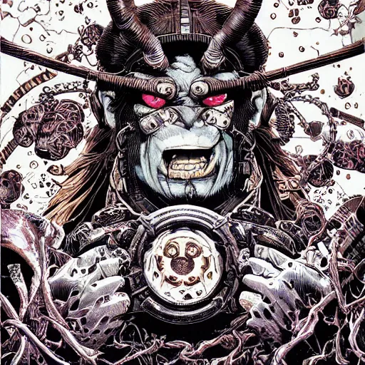 Image similar to portrait of crazy hellboy, symmetrical, by yoichi hatakenaka, masamune shirow, josan gonzales and dan mumford, ayami kojima, takato yamamoto, barclay shaw, karol bak, yukito kishiro