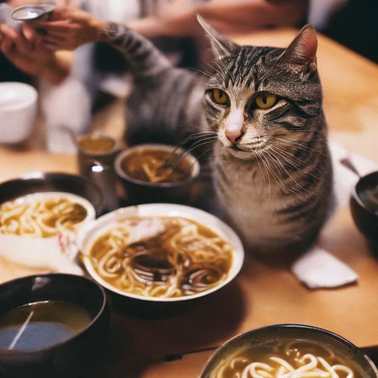 Prompt: photo of a brownish gray tabby cat eating ramen in san francisco, cinestill 8 0 0 t film, cinematic, 4 0 mm f / 2. 8