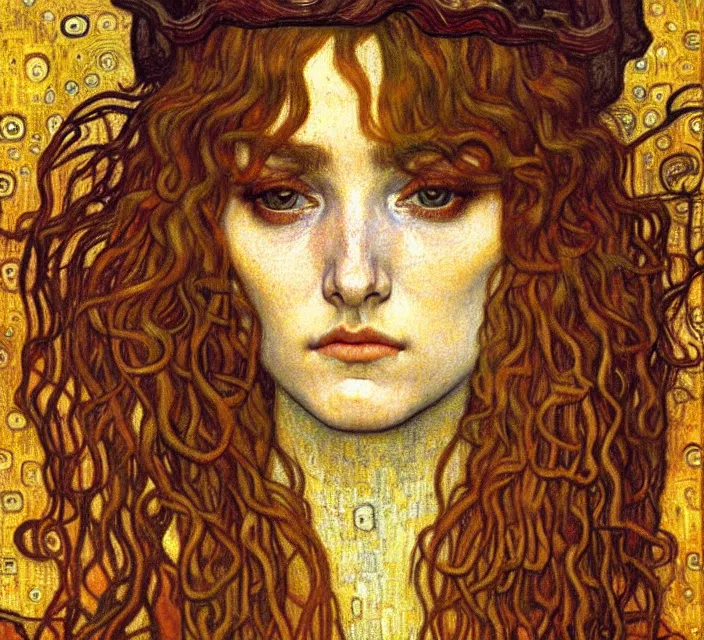 Image similar to detailed realistic beautiful young medieval queen face portrait by jean delville, gustav klimt and vincent van gogh, art nouveau, symbolist, visionary, gothic, pre - raphaelite, muted earthy colors, desaturated