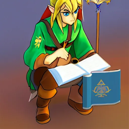 Image similar to link from legend of zelda reading the bible, trending on artstation