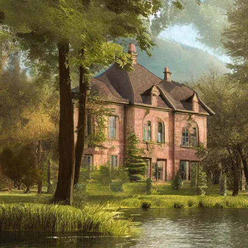 Image similar to old mansion in the woods beside a lake, artstation