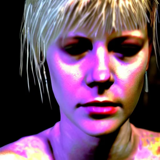 Image similar to close up portrait of heather mason in silent hill 3, on stage at heaven's night nightclub, 8 k, realistic,