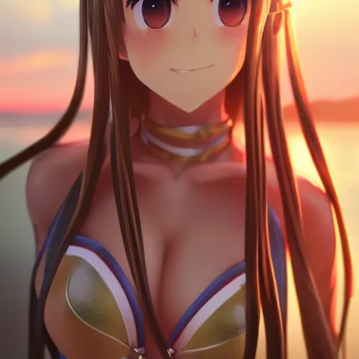 Prompt: asuna yuuki from SAO, full body, long braided curly blonde hair, twisted braids, golden watery eyes, full round face, short smile, pale pink bikini, serene beach setting, cinematic lightning, medium shot, mid-shot, highly detailed, trending on artstation, Unreal Engine 4k, cinematic wallpaper by Stanley Artgerm Lau, WLOP, Rossdraws, James Jean, Andrei Riabovitchev, Marc Simonetti, and Sakimichan