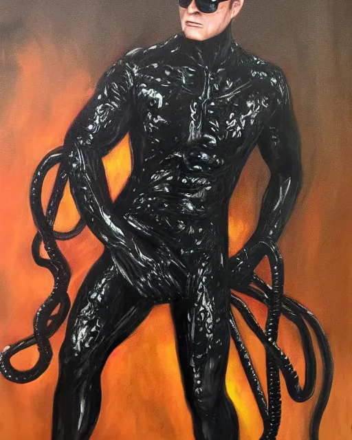 Image similar to Albert Wesker full body portrait, action! pose!, oil painting, surrounded by black tentacles