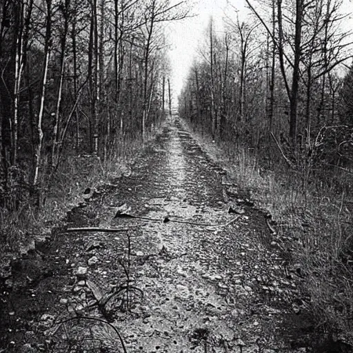 Image similar to an abandoned road within the Chernobyl Exclusion Zone, high resolution vintage photograph, abandoned huts