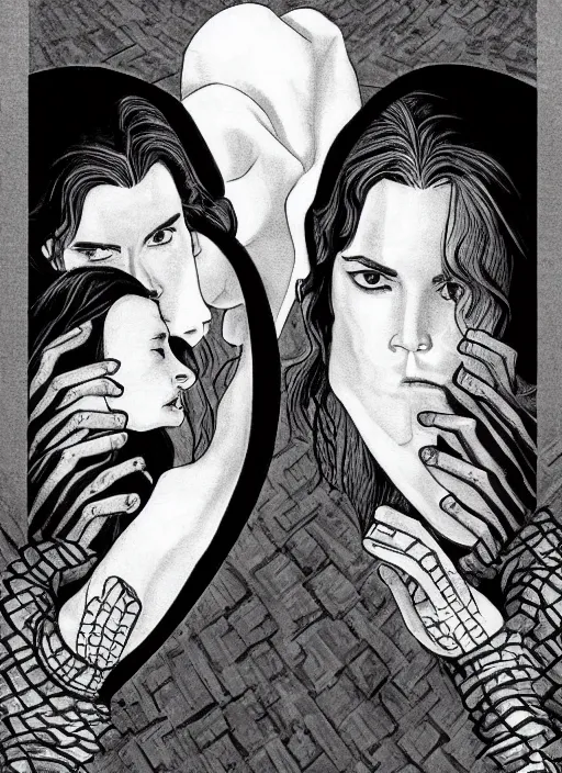 Prompt: reylo in the style of m. c. escher