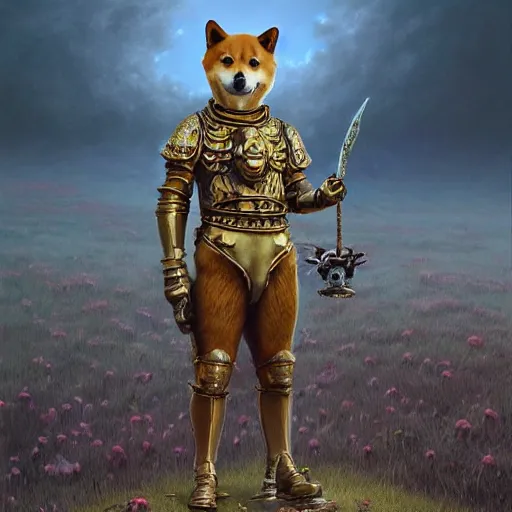 Prompt: anthropomorphic shiba inu, gold armor, standing on hill, graveyard full of bones and skulls, stuning fantasy 3 d render, masterpiece, glowing dark aura, by donato giancola and greg rutkowski and wayne barlow and zdzisław beksinski, realistic face