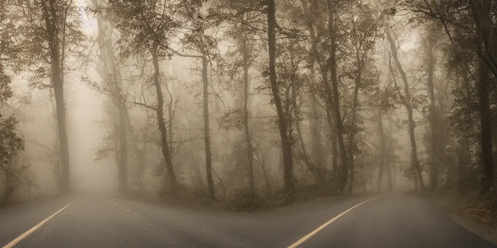 Prompt: unknown menacing slimy wet nightmarish!!! hellish!!! visceral!!! alien!!! creatures, forested windy hilly paved road, fog, rain, volumetric lighting, beautiful, golden hour, sharp focus, ultra detailed, cgsociety