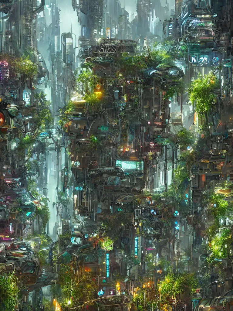 Prompt: a cyberpunk city overgrown with biopunk foliage by tony sart, fantasy, artstation, smooth, illustration