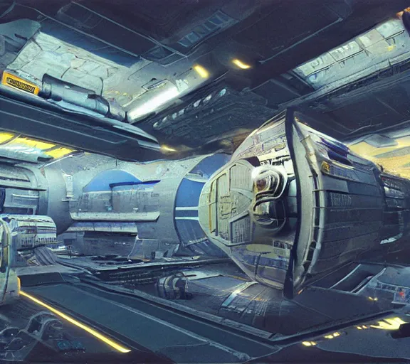 Prompt: highly detailed matte painting of a space station cargo bay by syd mead, john berkley and john harris, industrial feel, cassette futurism