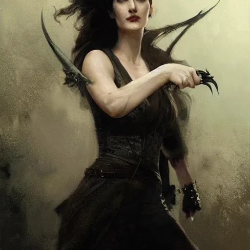 Image similar to eva green as yennifer, dynamic pose, painted by greg rutkowski