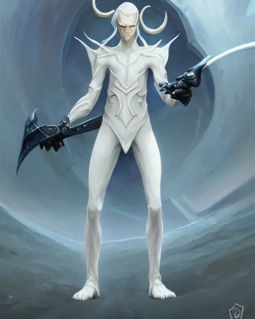 Image similar to character portrait of a slender young white haired half elven man with piercing blue eyes and pale bluish skin, wearing smooth sleek pearlescent black wraithbone powerarmor, by greg rutkowski and mark brookes and jim burns and tom bagshaw and magali villeneuve, trending on artstation