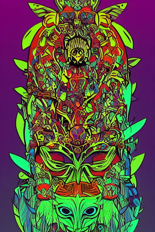 Image similar to animal mask totem roots flower tribal feather gemstone plant wood rock shaman vodoo video game vector cutout illustration vivid multicolor borderlands comics by josan gonzales and dan mumford radiating a glowing aura