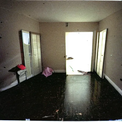 Image similar to a strange high flash photo of an empty suburban home, 2 0 0 6, taken with a disposable camera