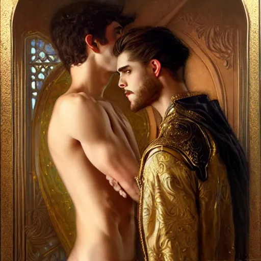 Image similar to attractive fully clothed king confesses his love for his attractive fully clothed male prince. highly detailed painting by gaston bussiere, tom bagshaw, j. c. leyendecker